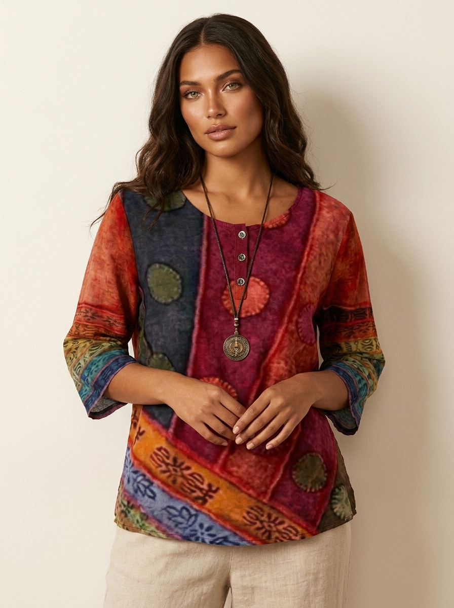 Bohemian blouse met print en knoopdetails in rood