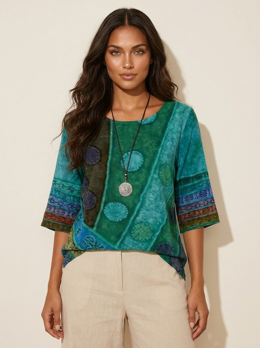 Bohemian blouse met print en knoopdetails in groen