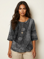 Bohemian blouse met print en knoopdetails in grijs