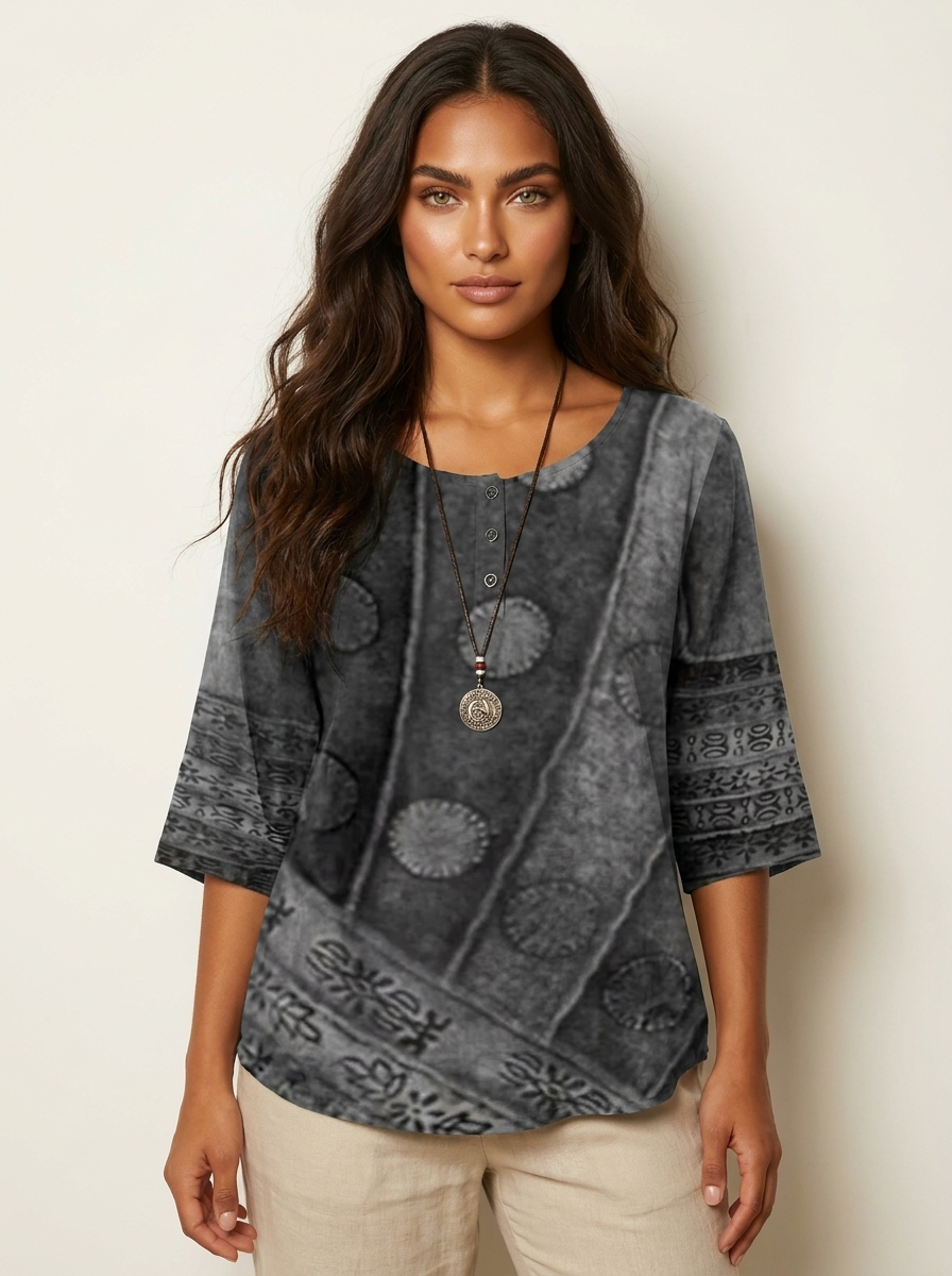 Bohemian blouse met print en knoopdetails in grijs