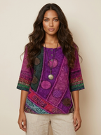 Bohemian blouse met print en knoopdetails in paars