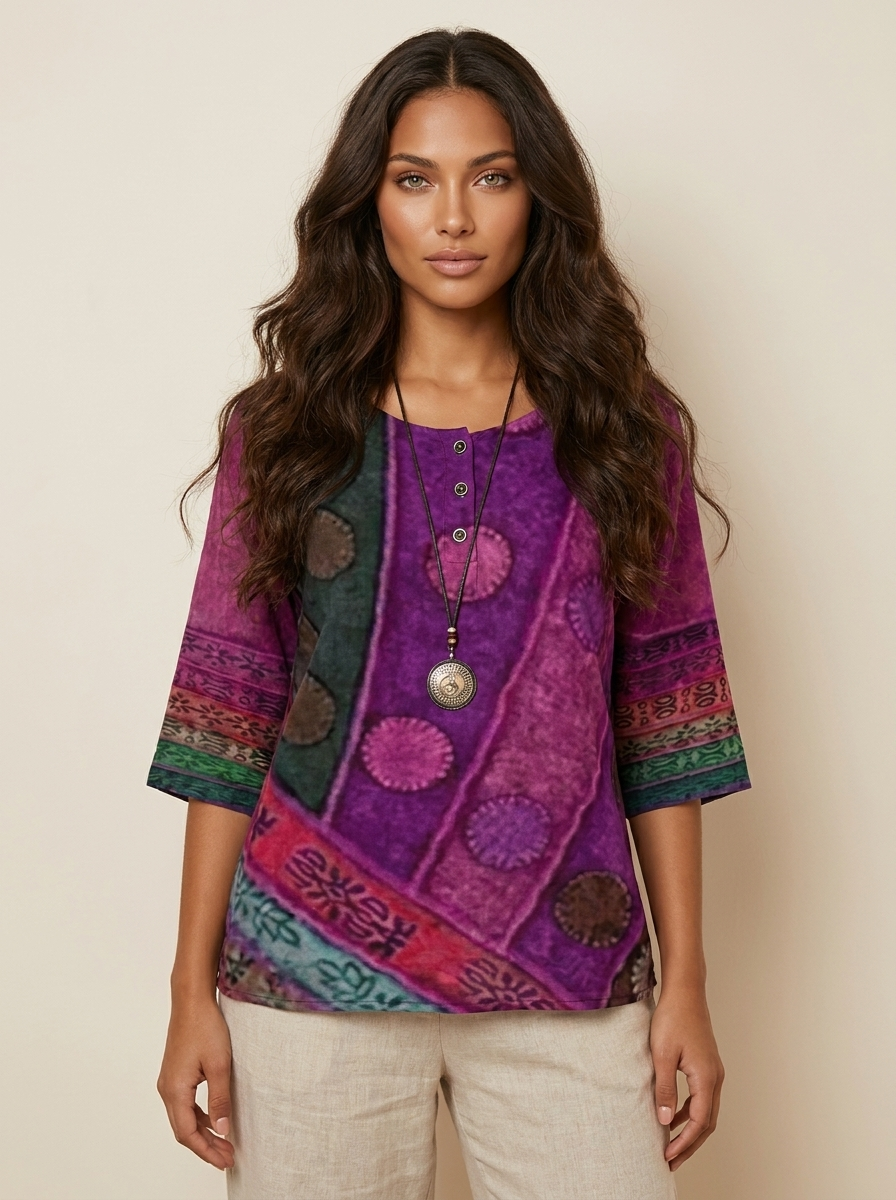 Bohemian blouse met print en knoopdetails in paars