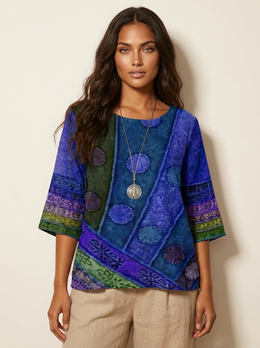 Bohemian blouse met print en knoopdetails in blauw