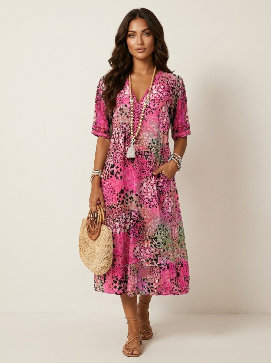 Midi jurk met bloemenprint en V-hals in roze