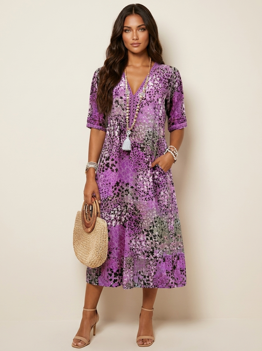Midi jurk met bloemenprint en V-hals in paars
