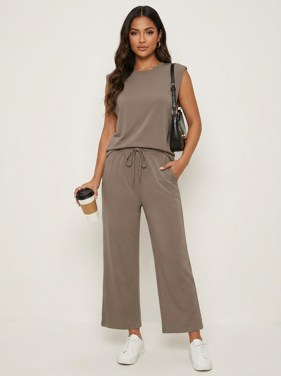 Set met mouwloze top en wide leg broek in khaki