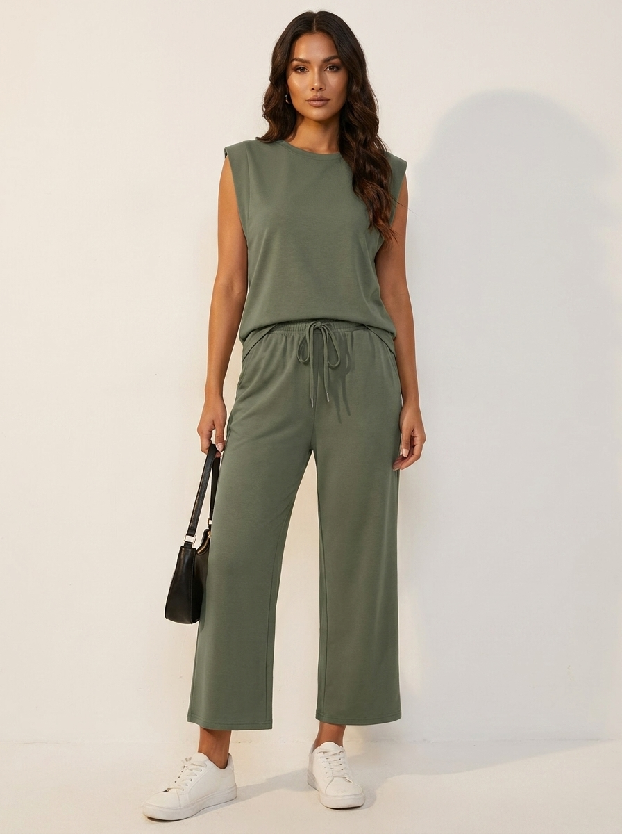 Set met mouwloze top en wide leg broek in olijfgroen