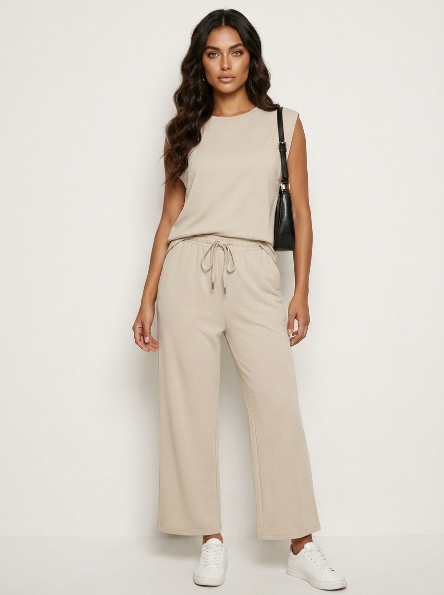 Set met mouwloze top en wide leg broek in beige