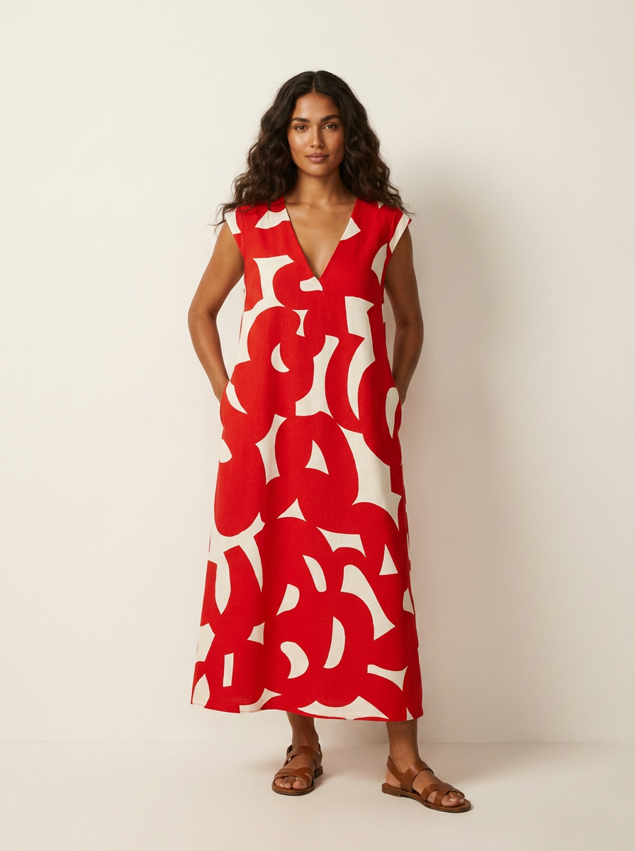 Maxi jurk met abstracte print en V-hals in rood