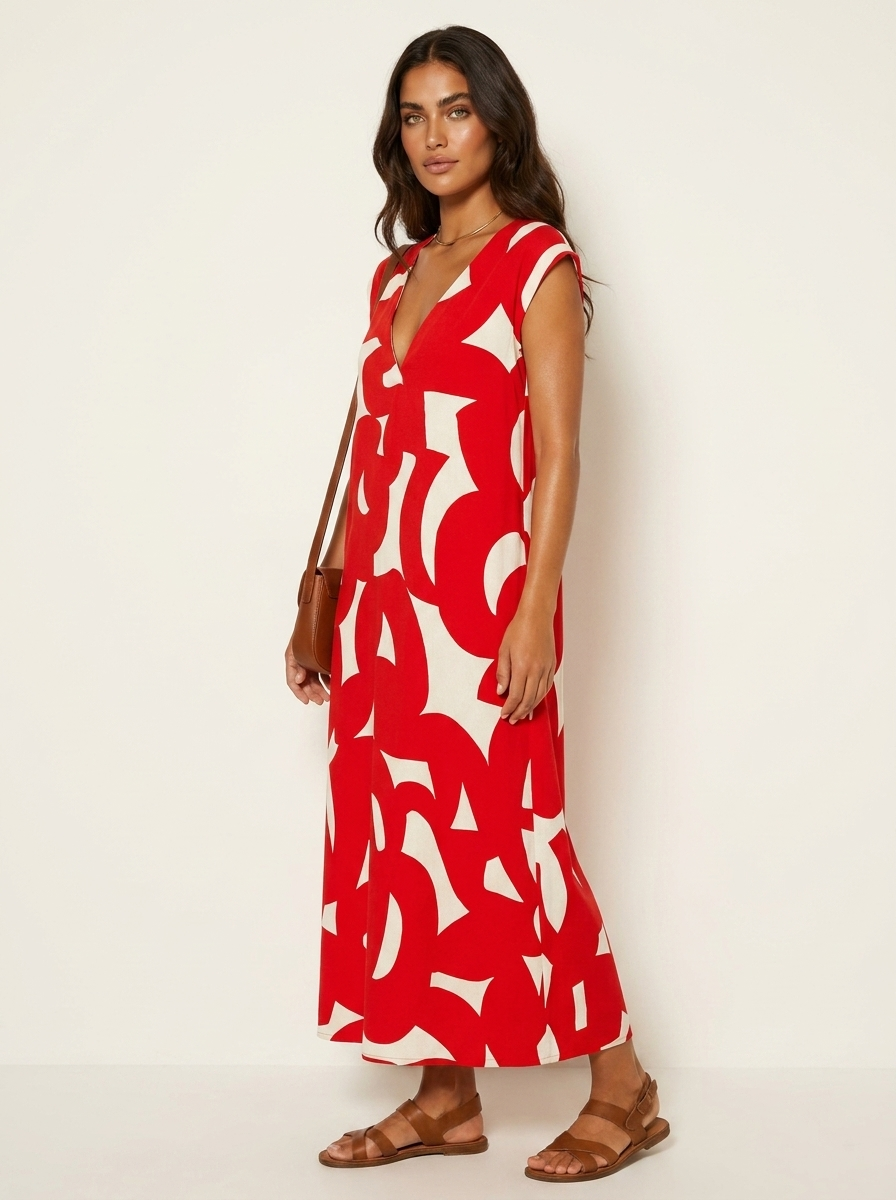 Maxi jurk met abstracte print en V-hals