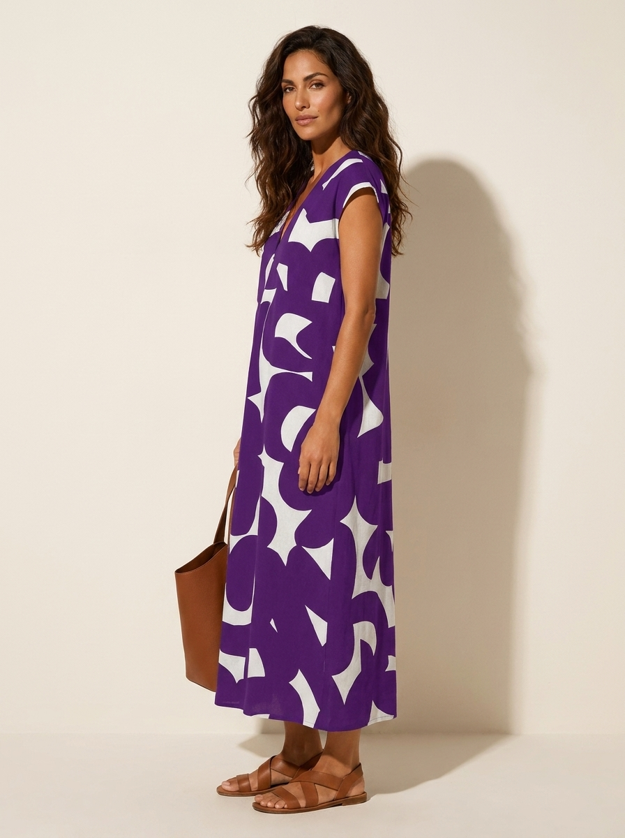 Maxi jurk met abstracte print en V-hals