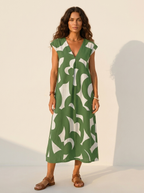 Maxi jurk met abstracte print en V-hals in groen