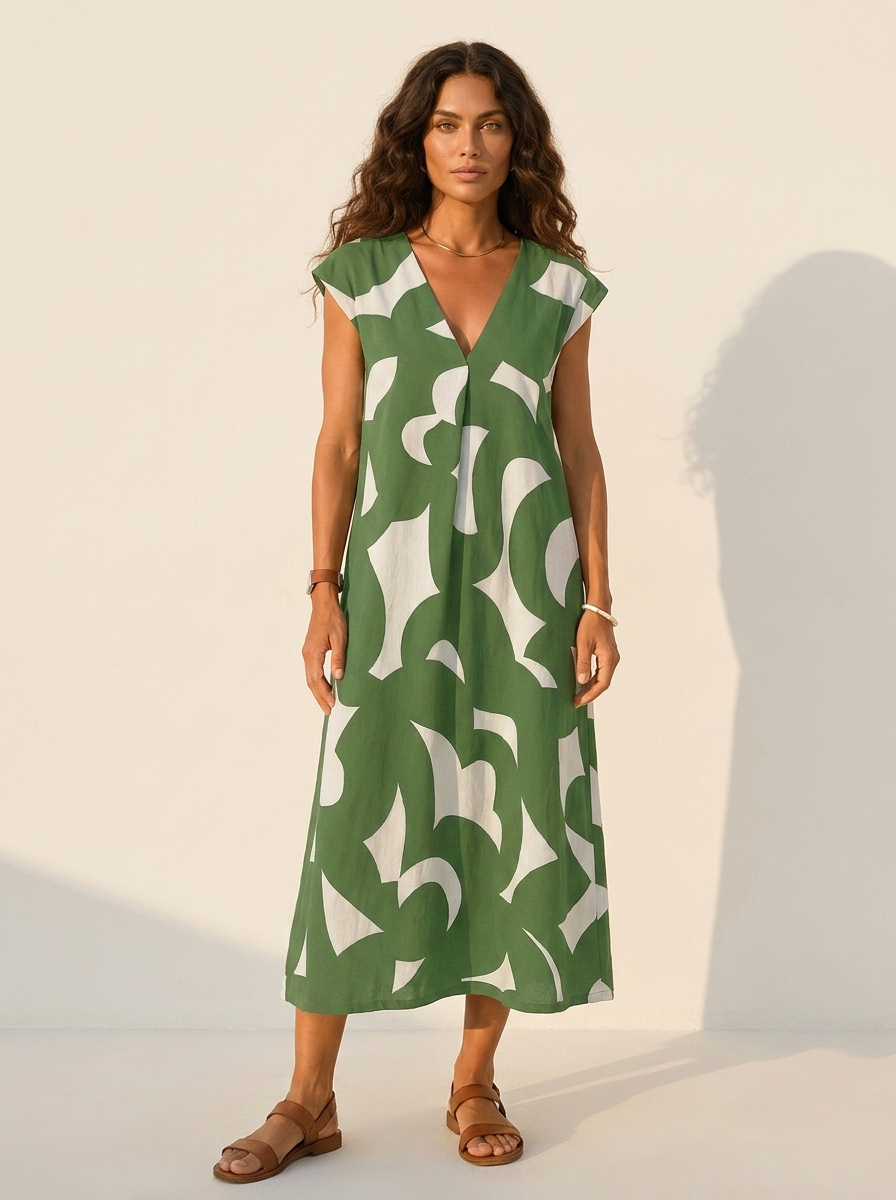 Maxi jurk met abstracte print en V-hals in groen