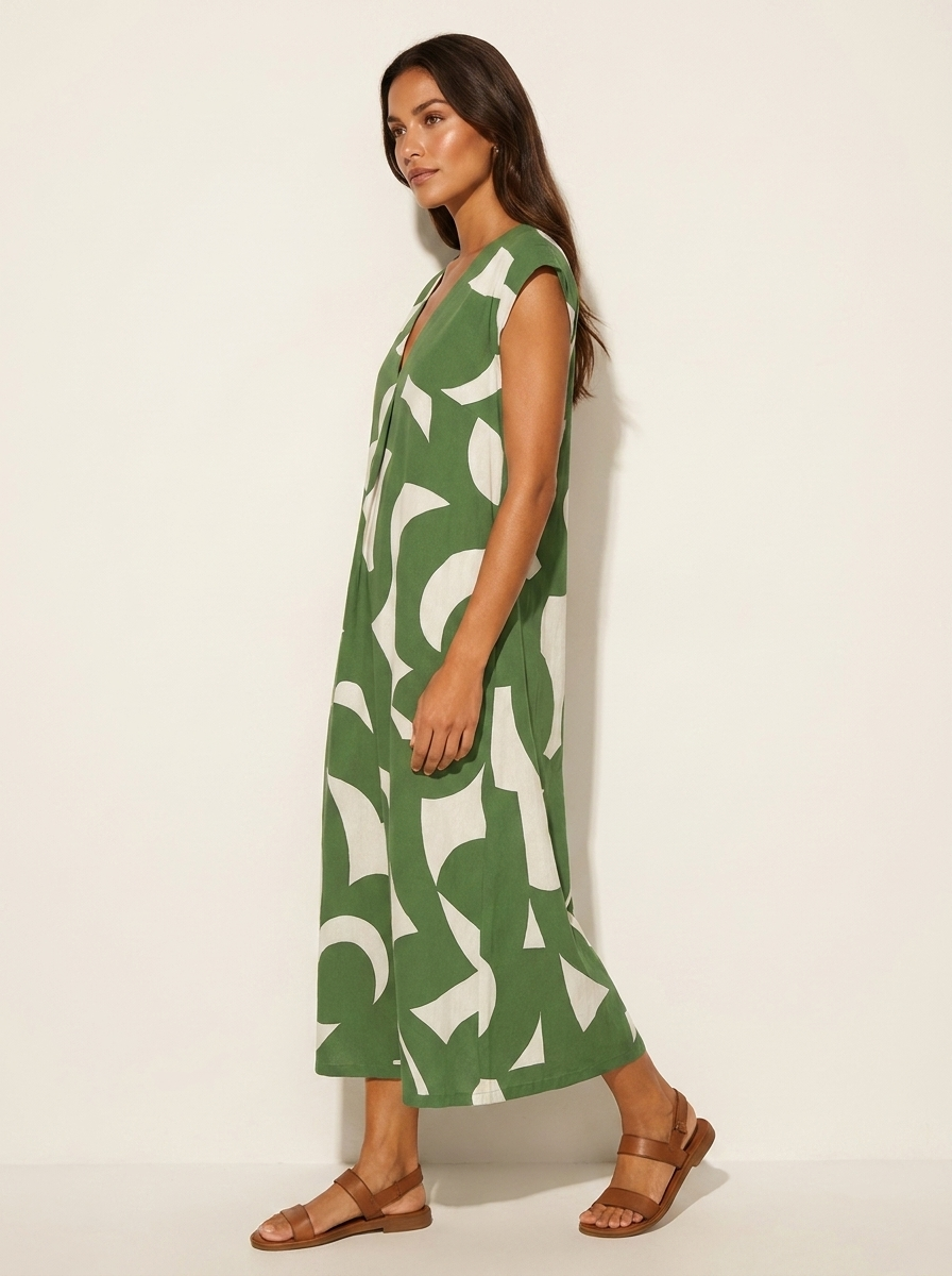 Maxi jurk met abstracte print en V-hals