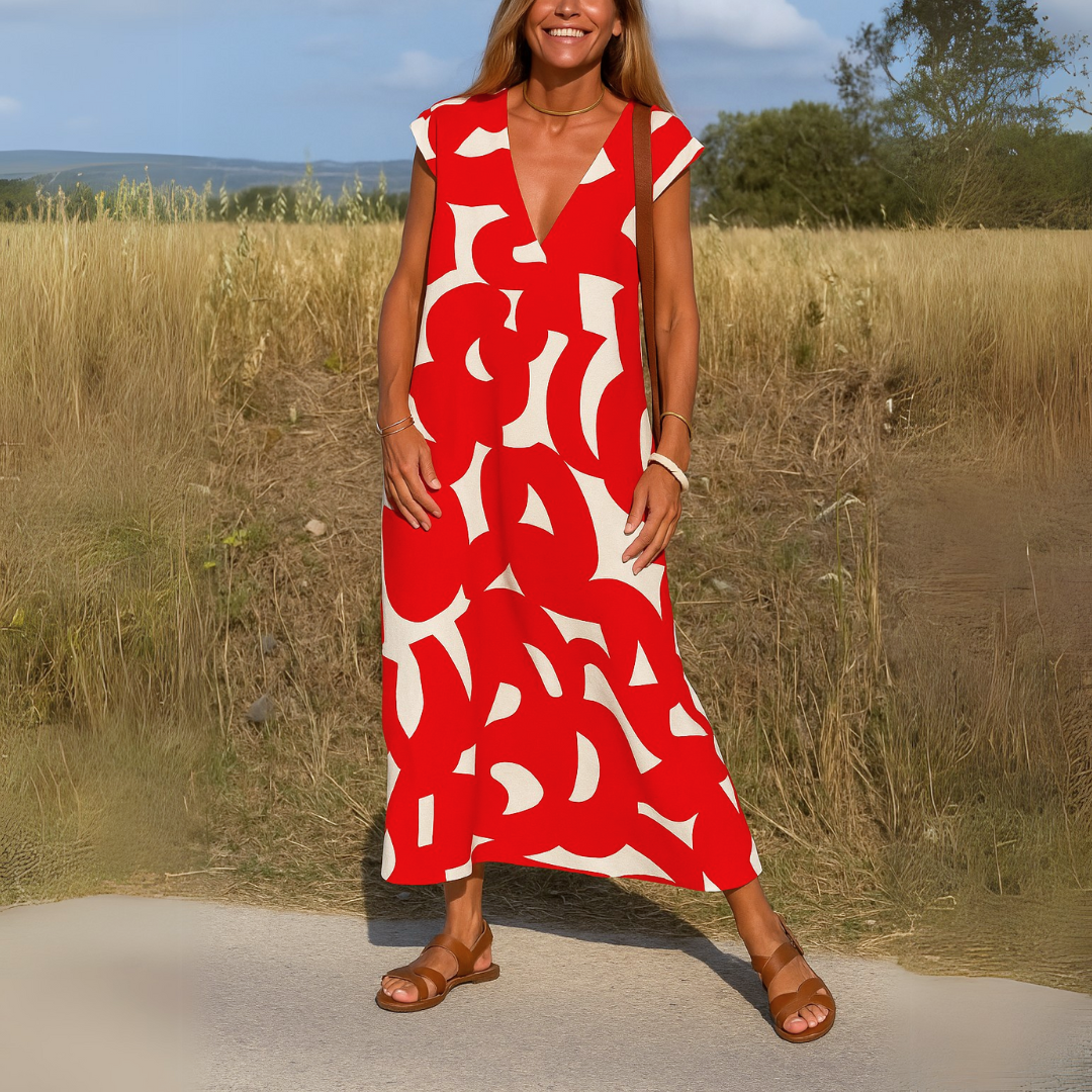 Maxi jurk met abstracte print en V-hals