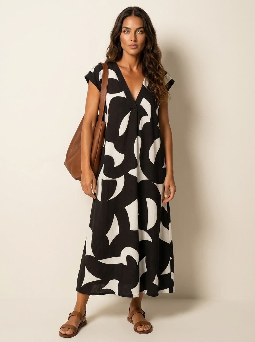 Maxi jurk met abstracte print en V-hals in zwart