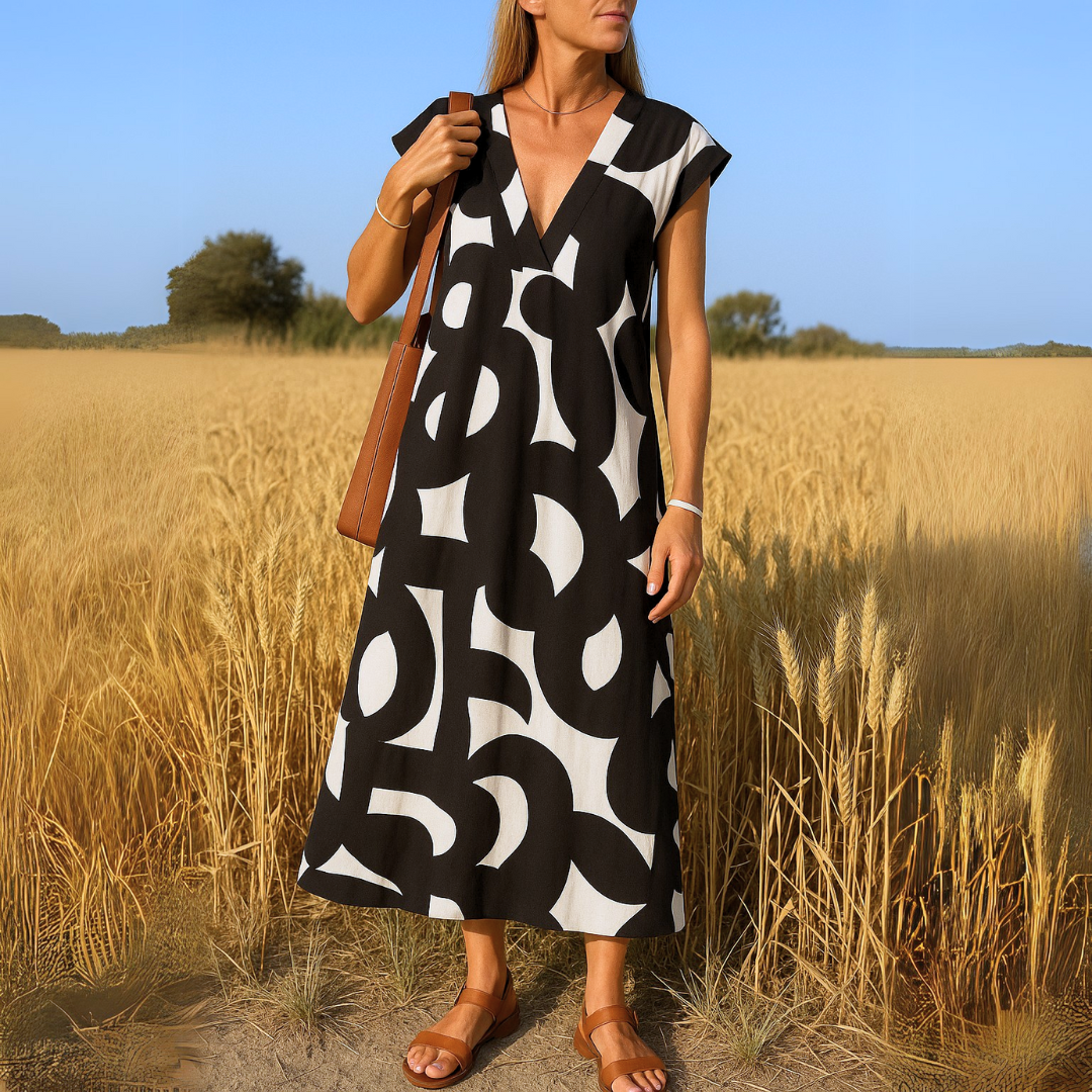Maxi jurk met abstracte print en V-hals