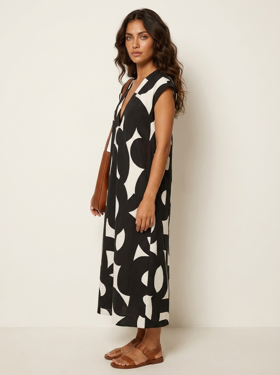 Maxi jurk met abstracte print en V-hals