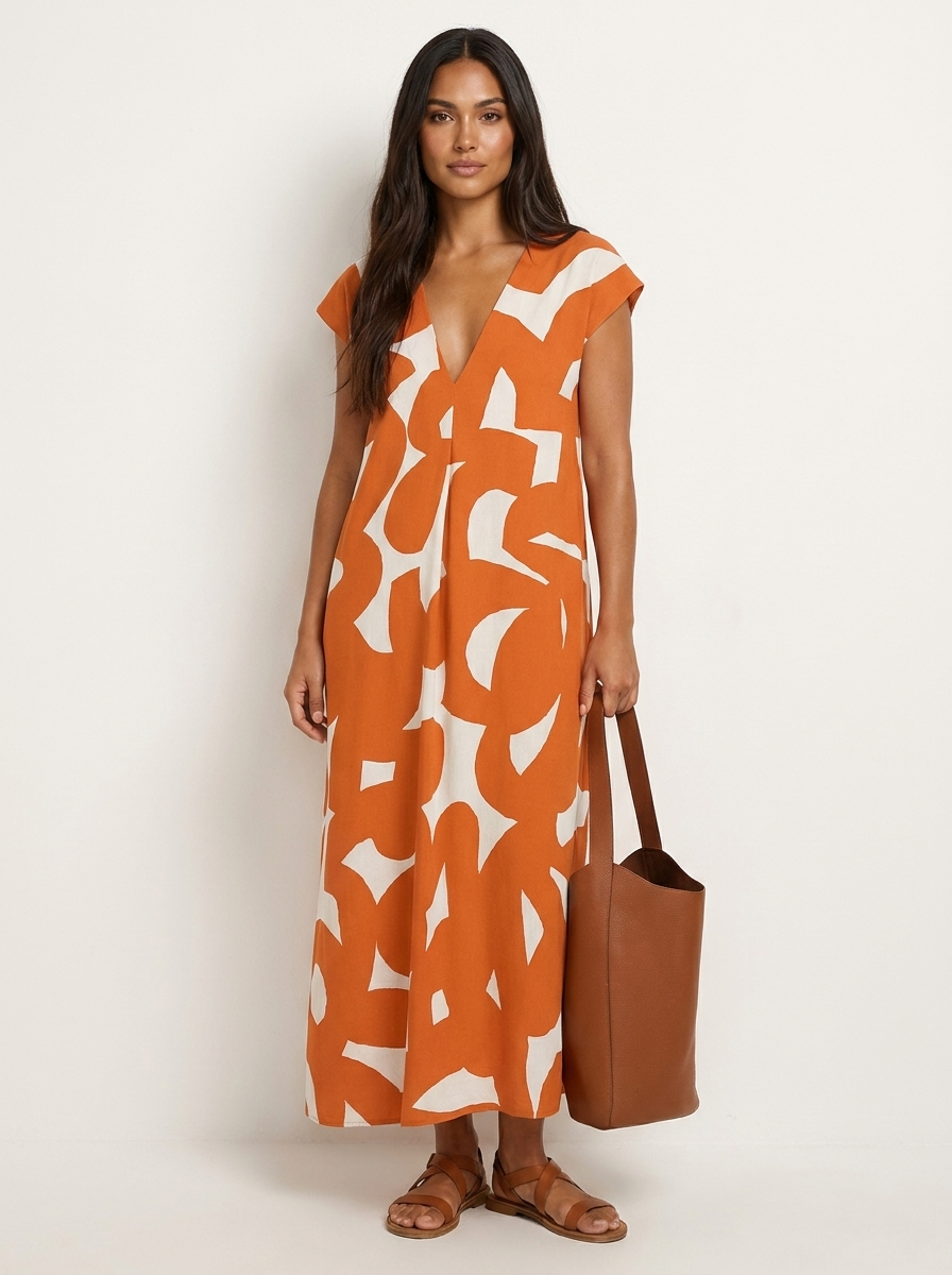 Maxi jurk met abstracte print en V-hals in oranje
