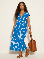 Maxi jurk met abstracte print en V-hals in blauw