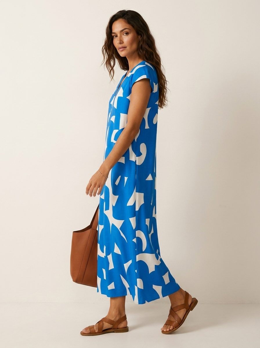 Maxi jurk met abstracte print en V-hals