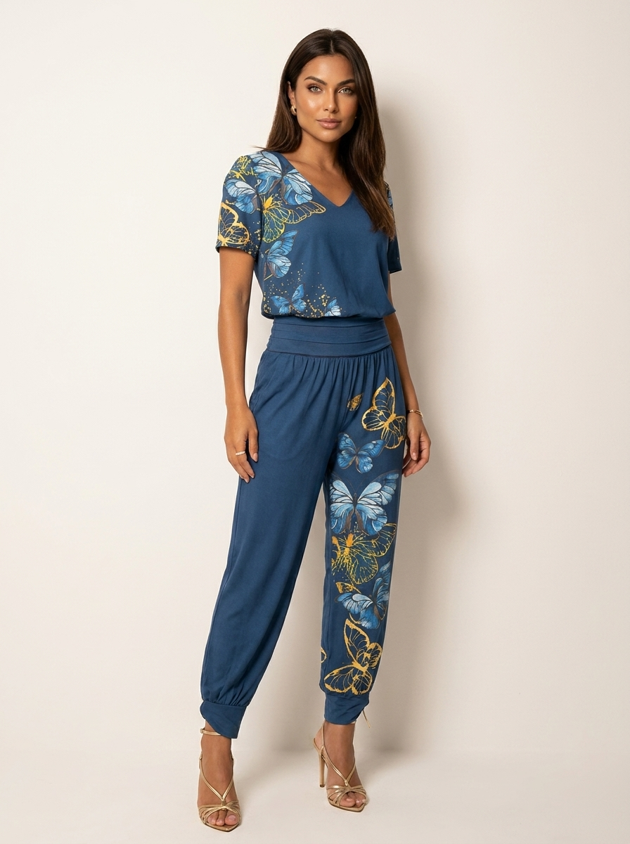 Tweedelige set met V-hals top en broek in blauw