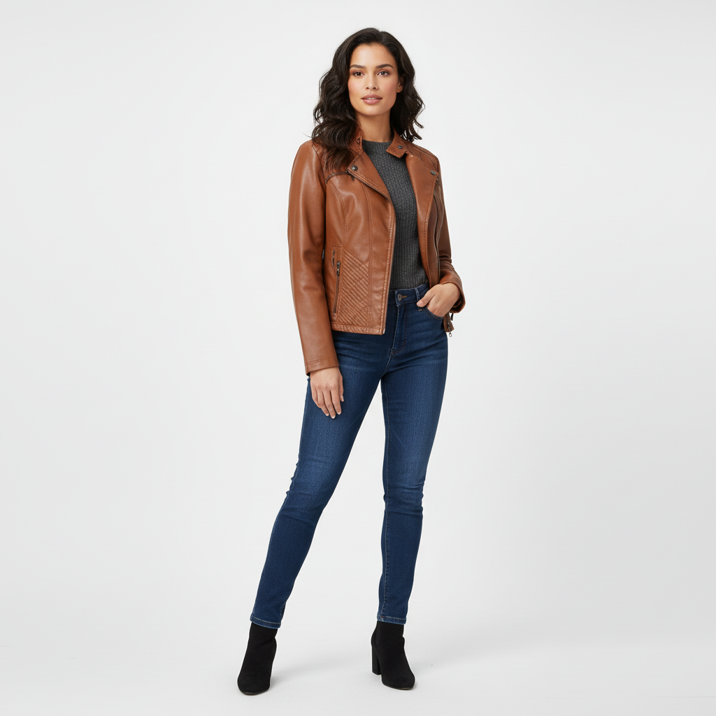 Leren jas met ritsdetails en getailleerde pasvorm in bruin