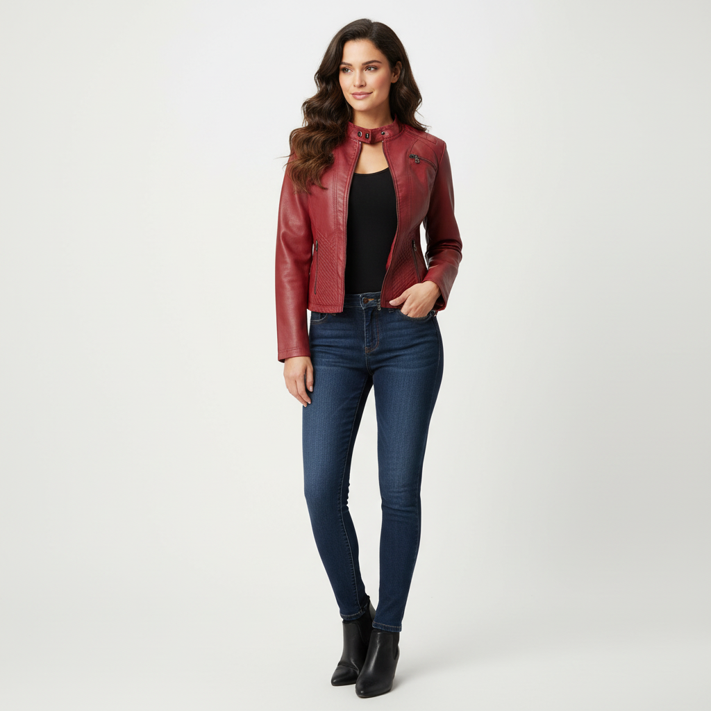 Leren jas met ritsdetails en getailleerde pasvorm in rood