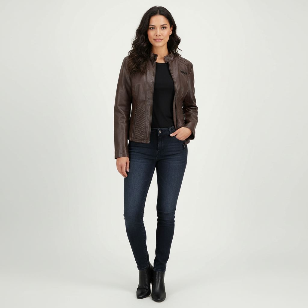 Leren jas met ritsdetails en getailleerde pasvorm in donker bruin
