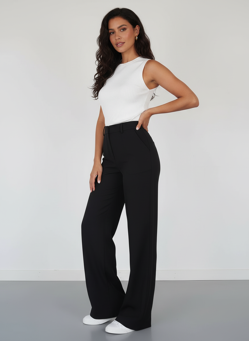 Rechte pantalon met hoge taille en soepele val in zwart