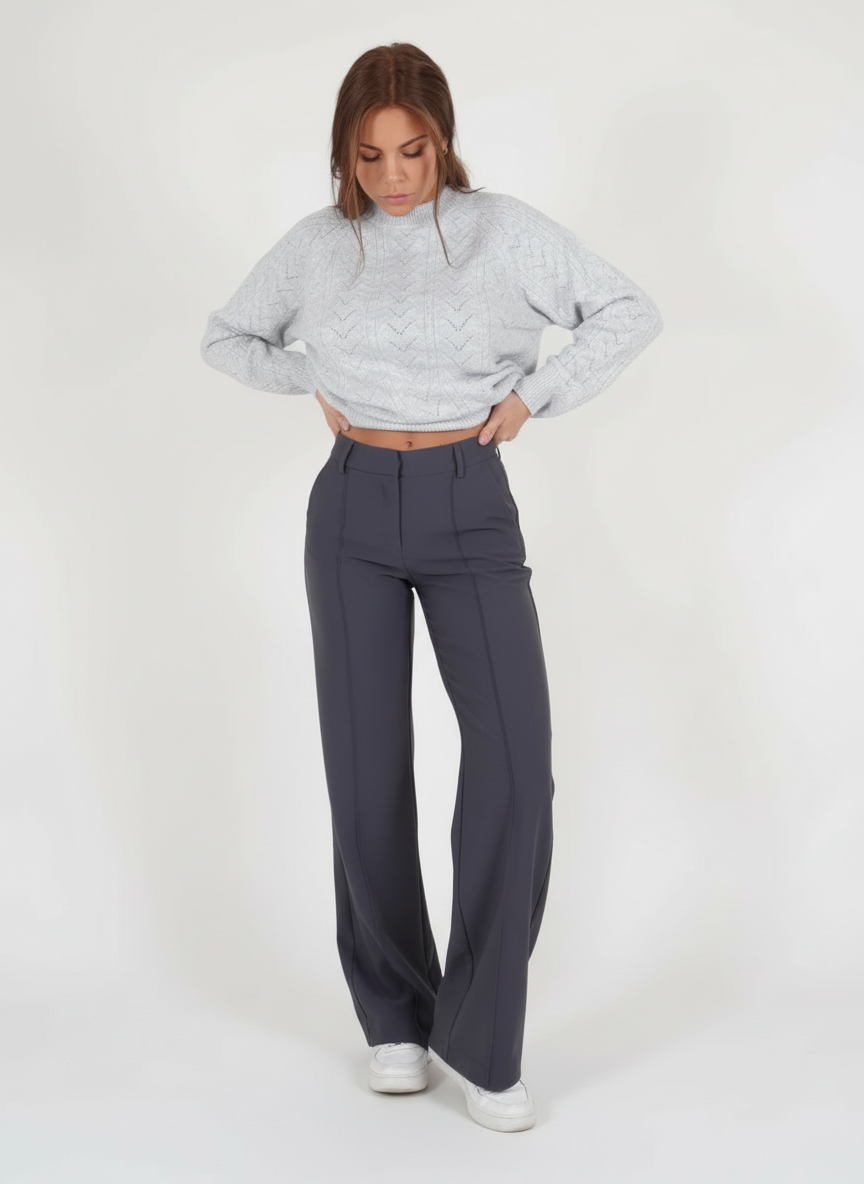 Rechte pantalon met hoge taille en soepele val in grijs