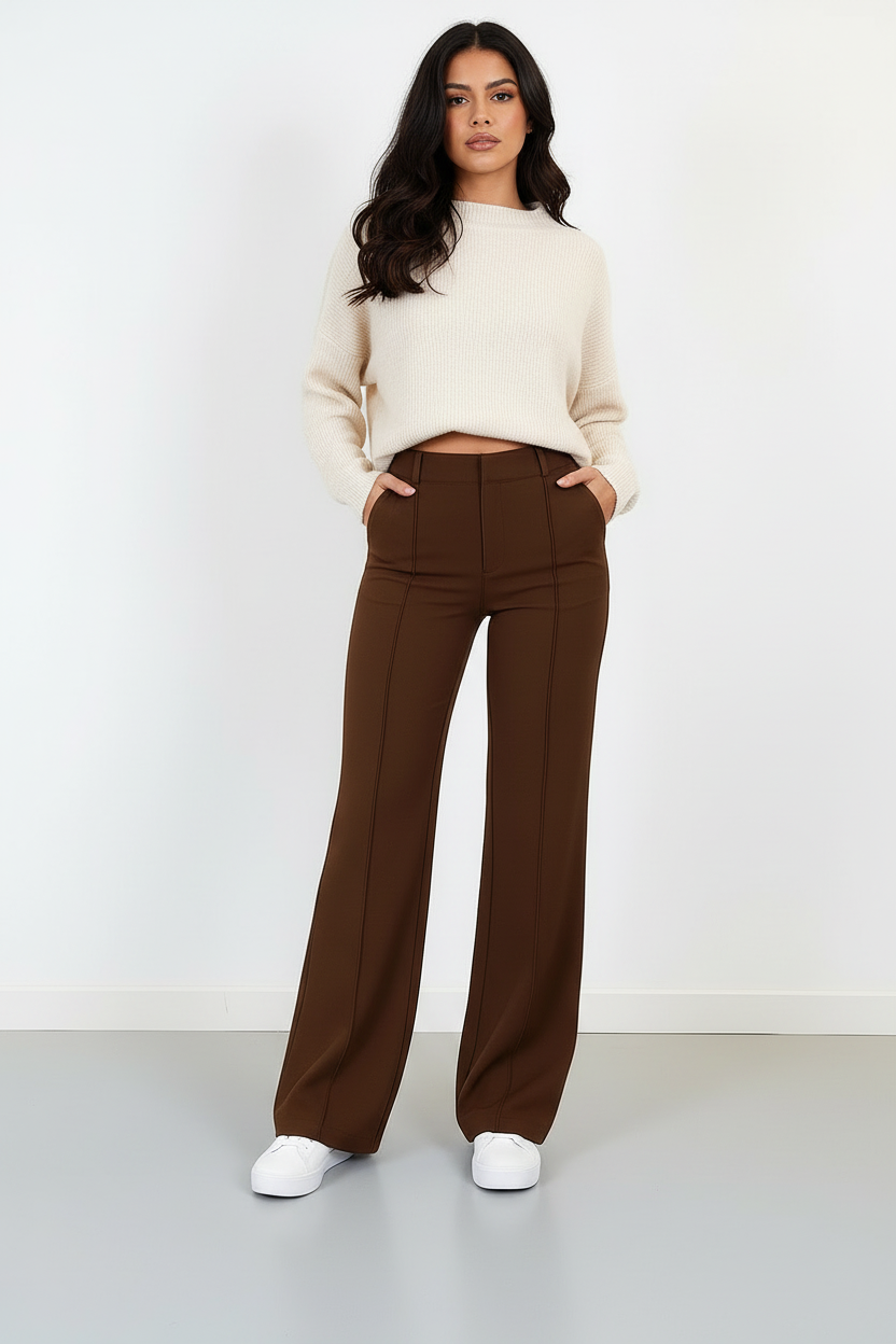 Rechte pantalon met hoge taille en soepele val in bruin