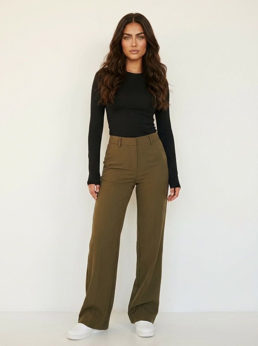 Rechte pantalon met hoge taille en soepele val in groen
