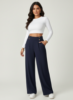 Pantalon met hoge taille en decoratieve knoopdetails in navy