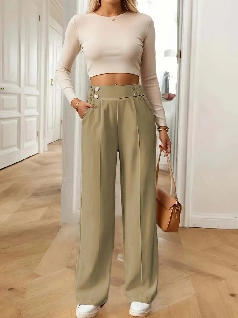 Pantalon met hoge taille en decoratieve knoopdetails