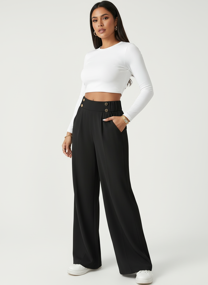 Pantalon met hoge taille en decoratieve knoopdetails in zwart