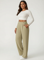 Pantalon met hoge taille en decoratieve knoopdetails in khaki