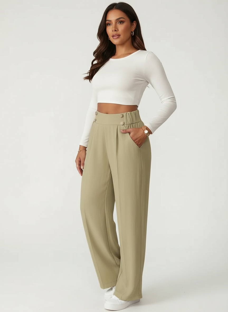 Pantalon met hoge taille en decoratieve knoopdetails in khaki