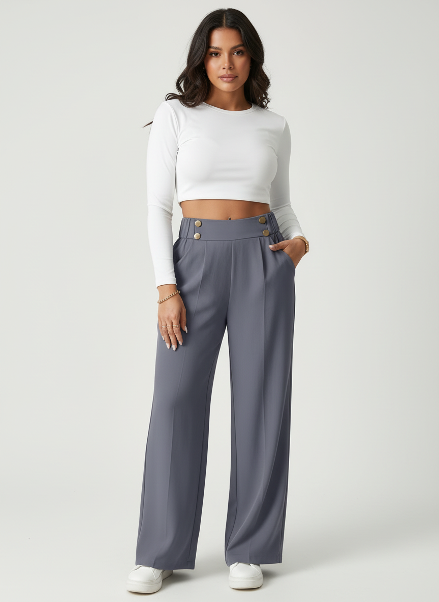 Pantalon met hoge taille en decoratieve knoopdetails in grijs
