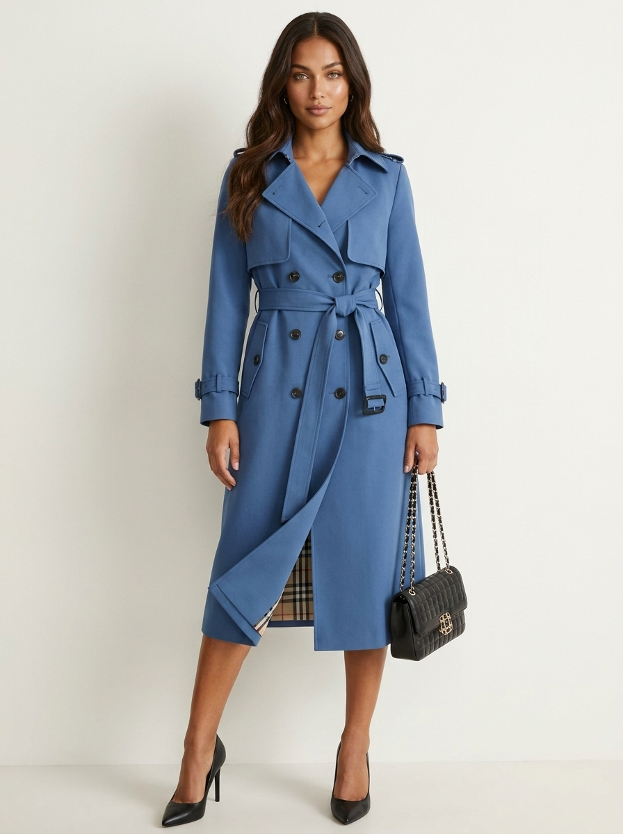 Trenchcoat met double-breasted sluiting en ceintuur in blauw