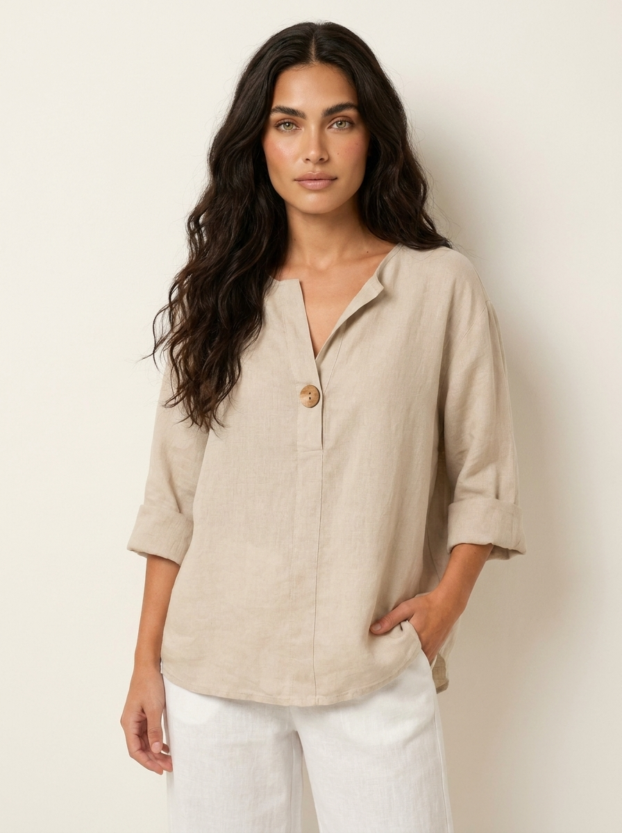 Linnen blouse met ademende stof en ontspannen pasvorm in beige
