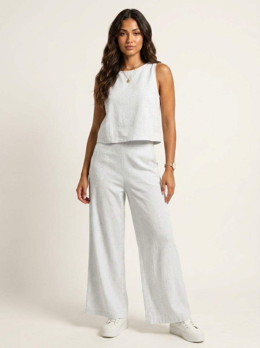 Linnenlook set met mouwloze top en wijde broek in wit