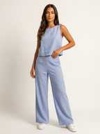 Linnenlook set met mouwloze top en wijde broek in blauw