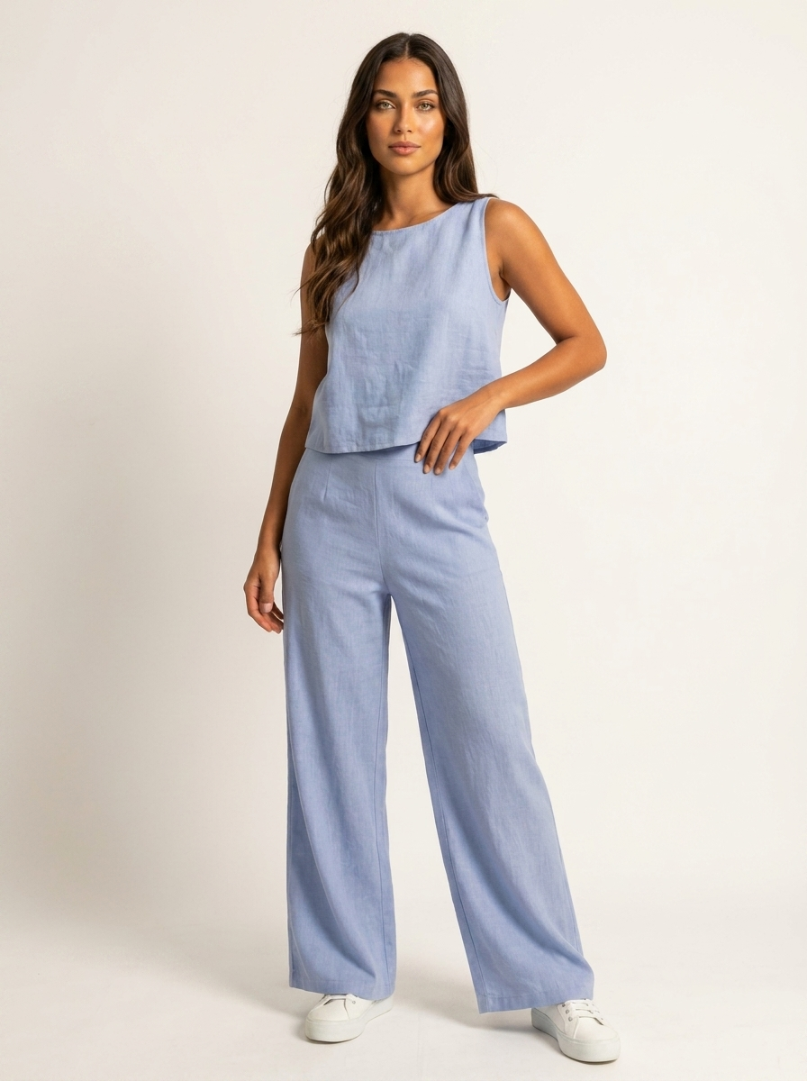 Linnenlook set met mouwloze top en wijde broek in blauw