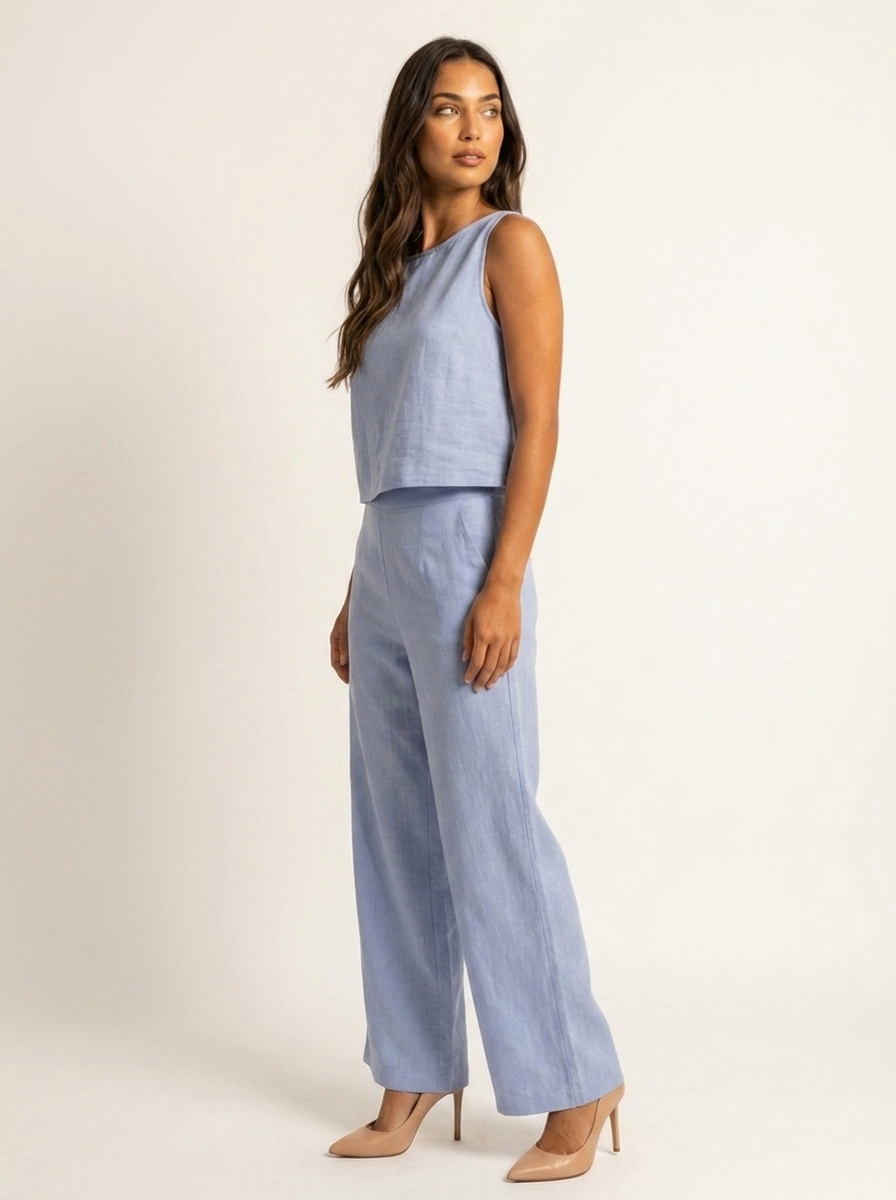 Linnenlook set met mouwloze top en wijde broek