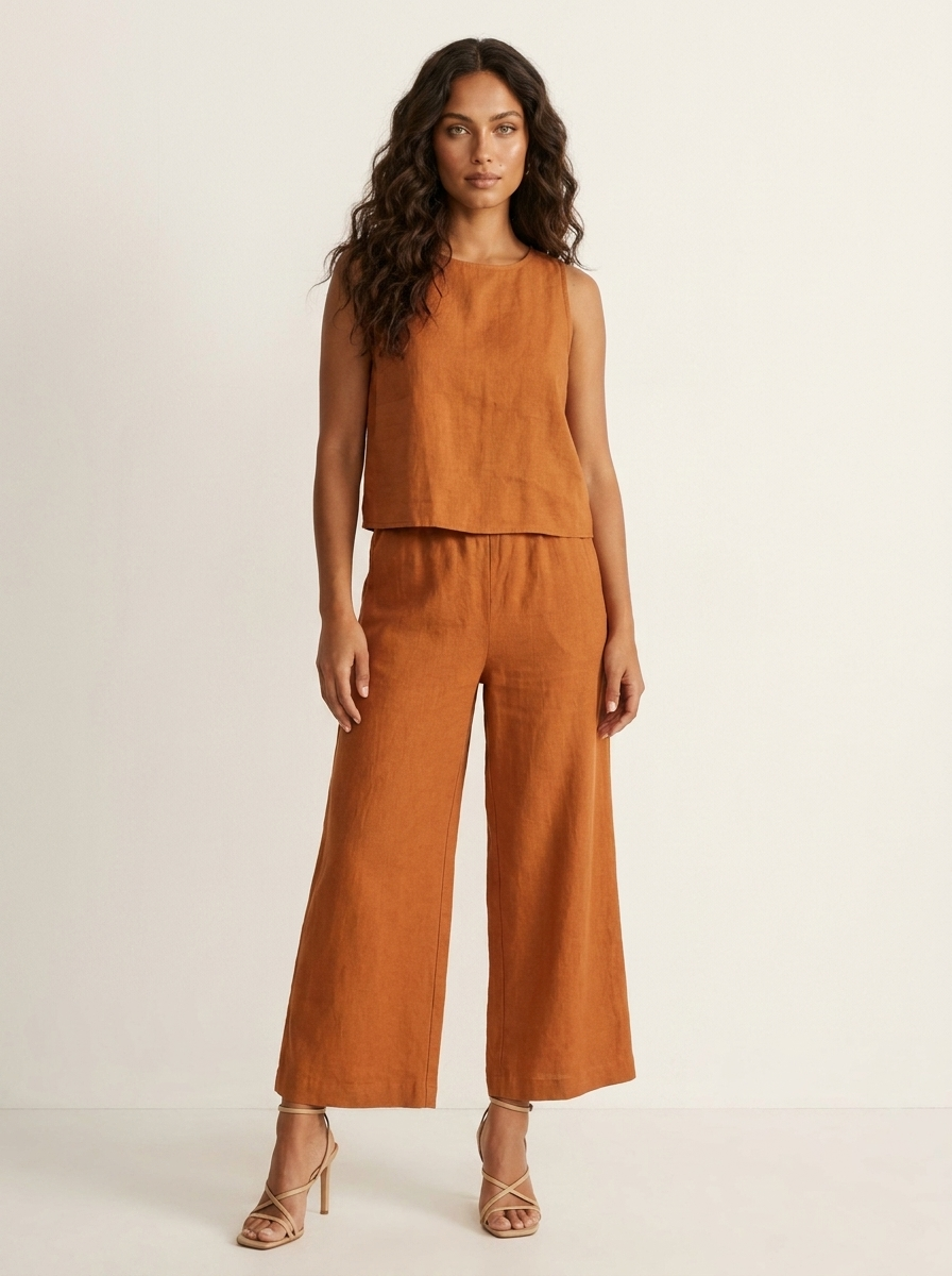 Linnenlook set met mouwloze top en wijde broek in khaki