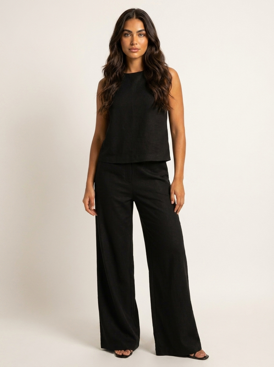 Linnenlook set met mouwloze top en wijde broek in zwart