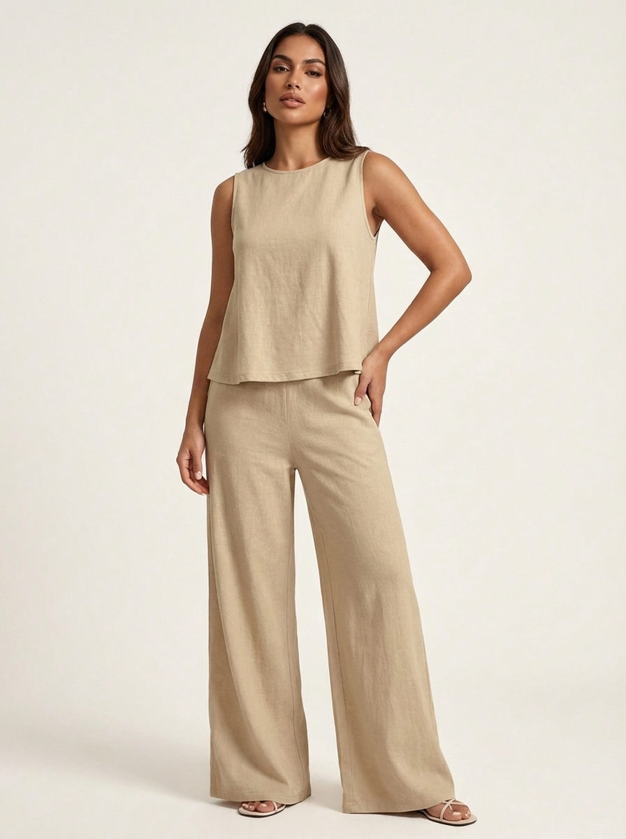Linnenlook set met mouwloze top en wijde broek