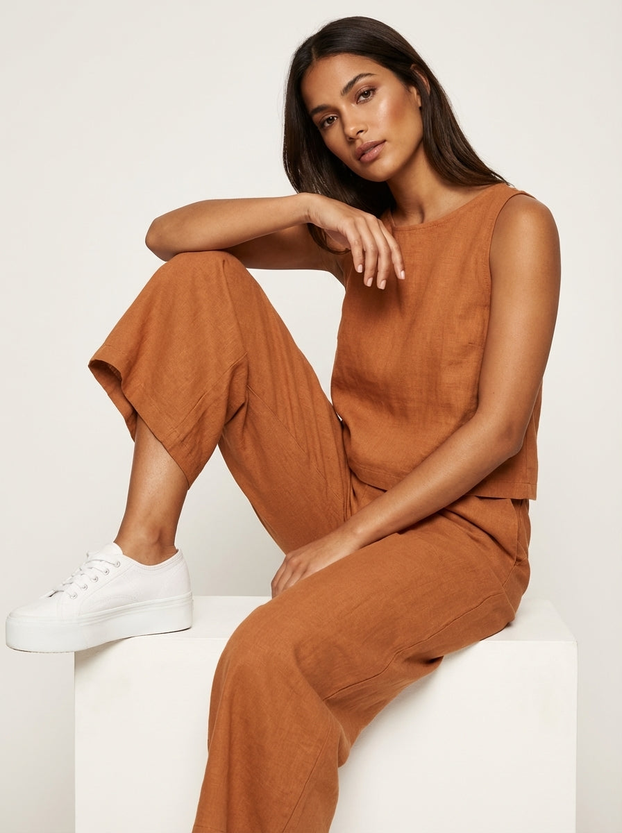 Linnenlook set met mouwloze top en wijde broek