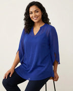 Luchtige chiffon blouse met V-hals in blauw